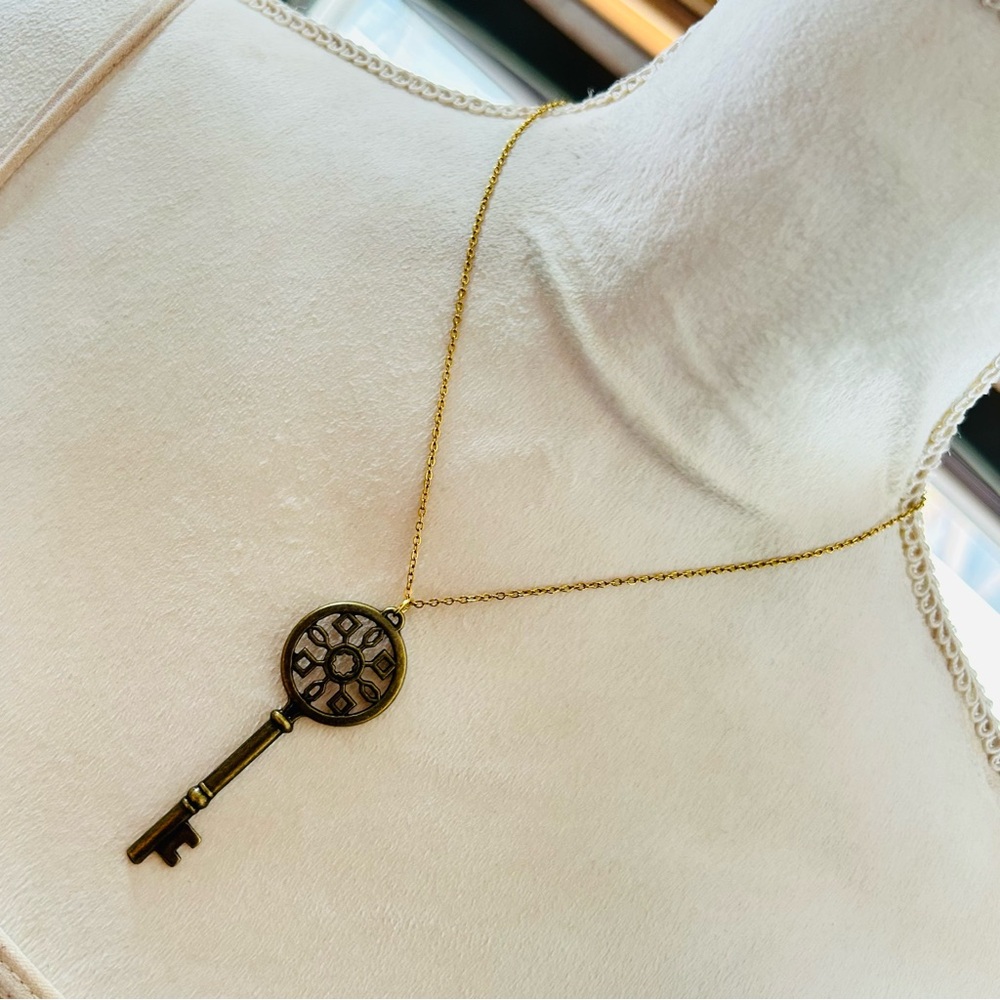 Handcrafted brass skeleton key pendant on chain necklace